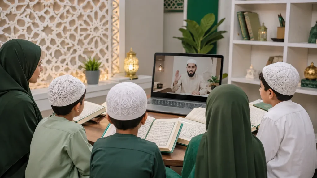 group of Muslim students attending an online Quran class